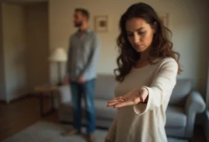 KOBIETA ZDEJMUJE ŚLUBNA OBRĄCZKĘ - SYMBOLICZNY OBRAZ ROZWODU