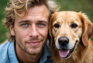 mężczyzna stoi obok swojego psa - golden retrivera