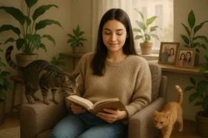 adoptowana dziewczyna siedzi w pokoju i czyta książkę