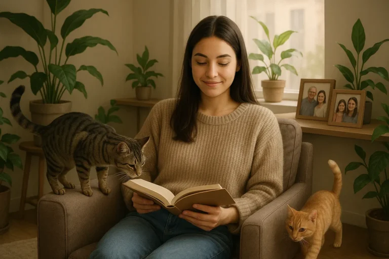 adoptowana dziewczyna siedzi w pokoju i czyta książkę